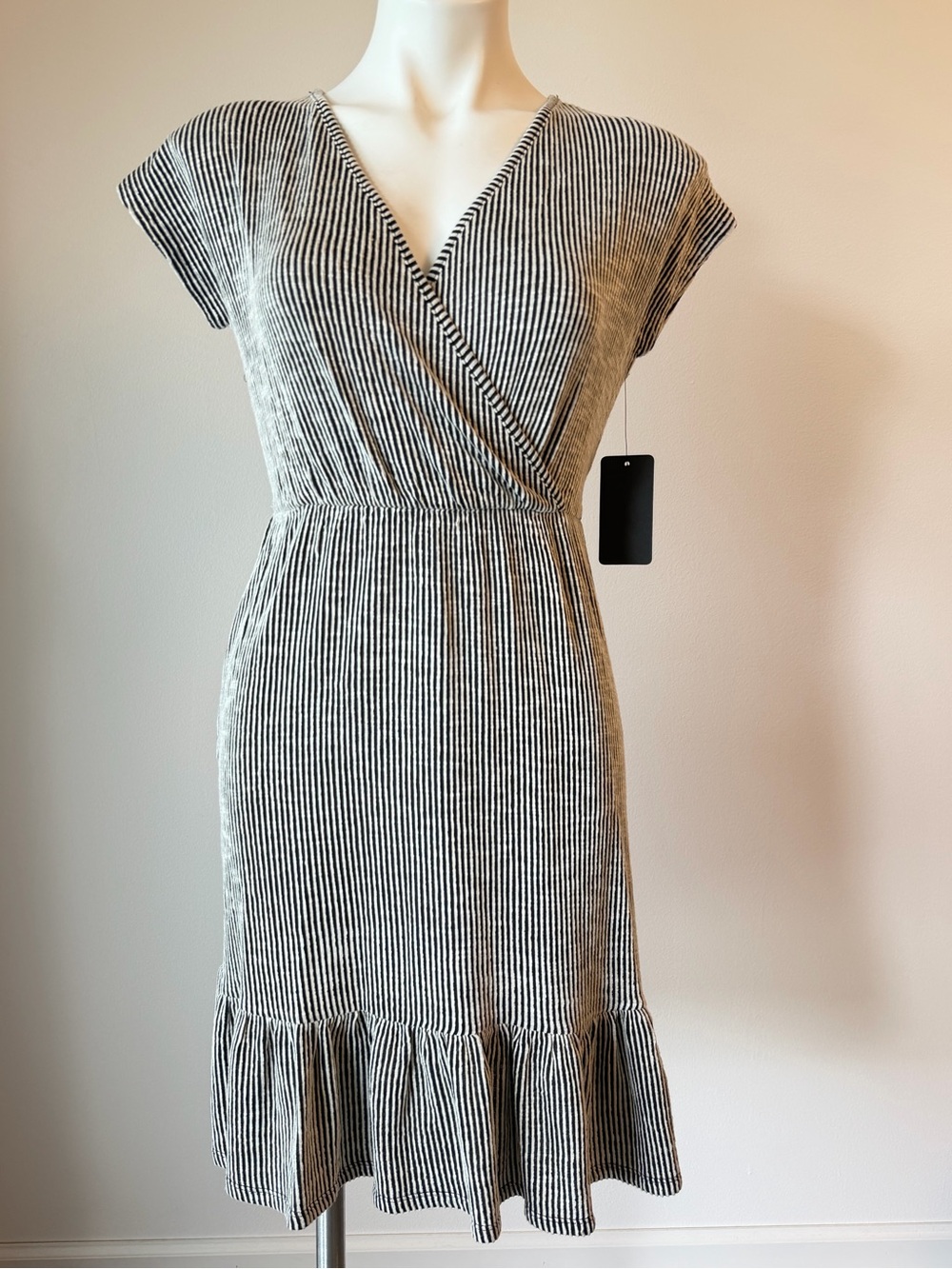 Striped V-Neck Wrap Midi Dress - Black & White